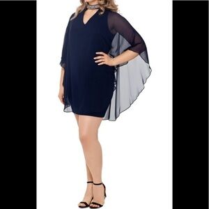 Women’s Formal Dress Plus Size 18W X BY XSCAPE Navy Cape Overlay Short Cocktail